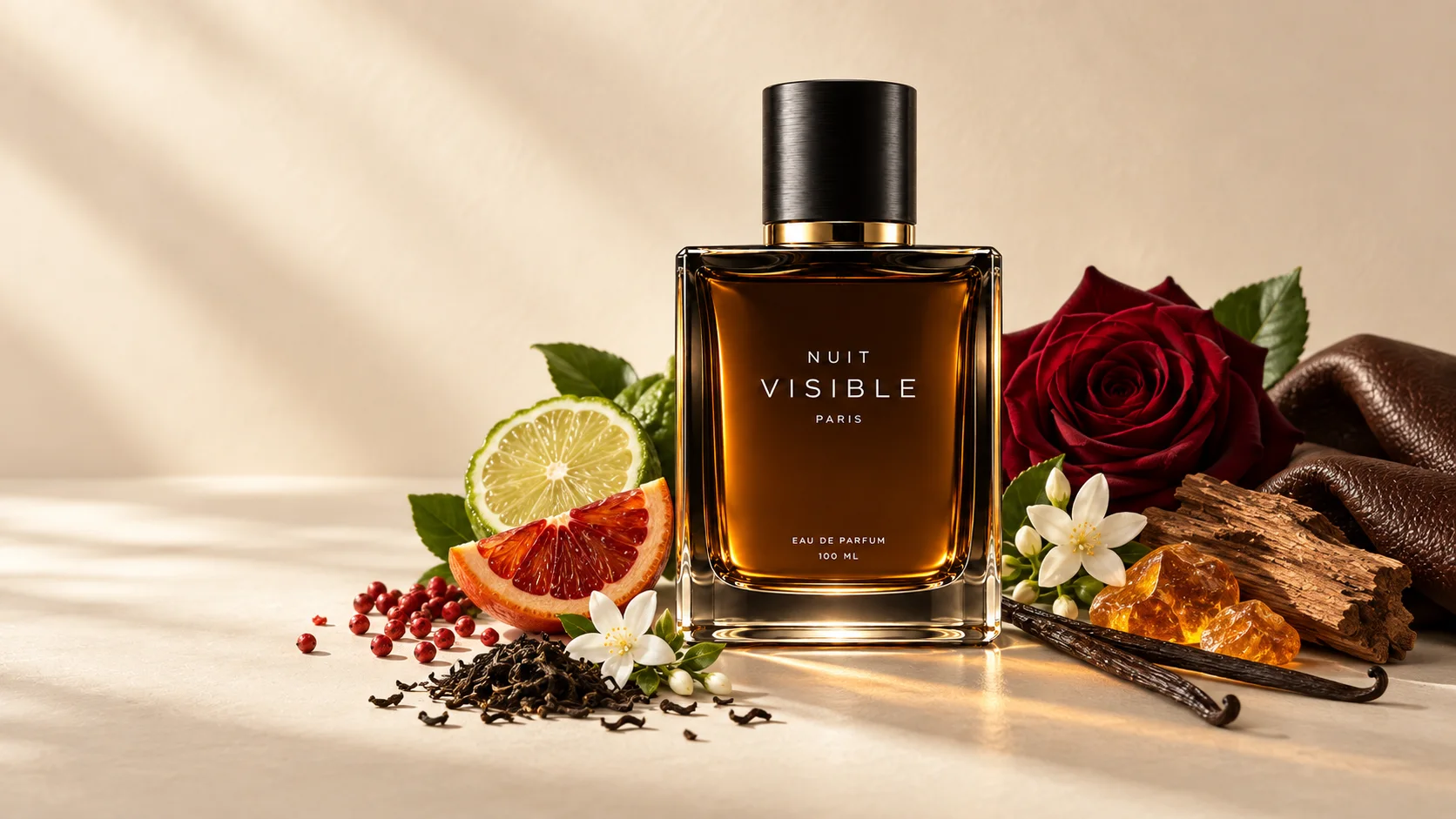 The flacon surrounded by its ten ingredients: bergamot, blood orange, pink pepper, rose, jasmine, black tea, cedar, amber, vanilla and leather
